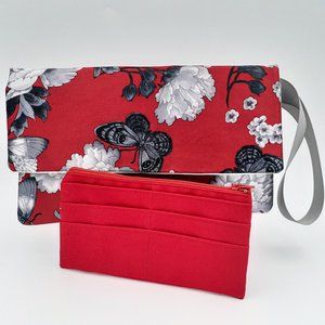 NEW! Red Silk Floral Bouquet Wristlet Clutch